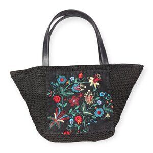 Black Woven Purse with Embroidered Floral Panel 15"